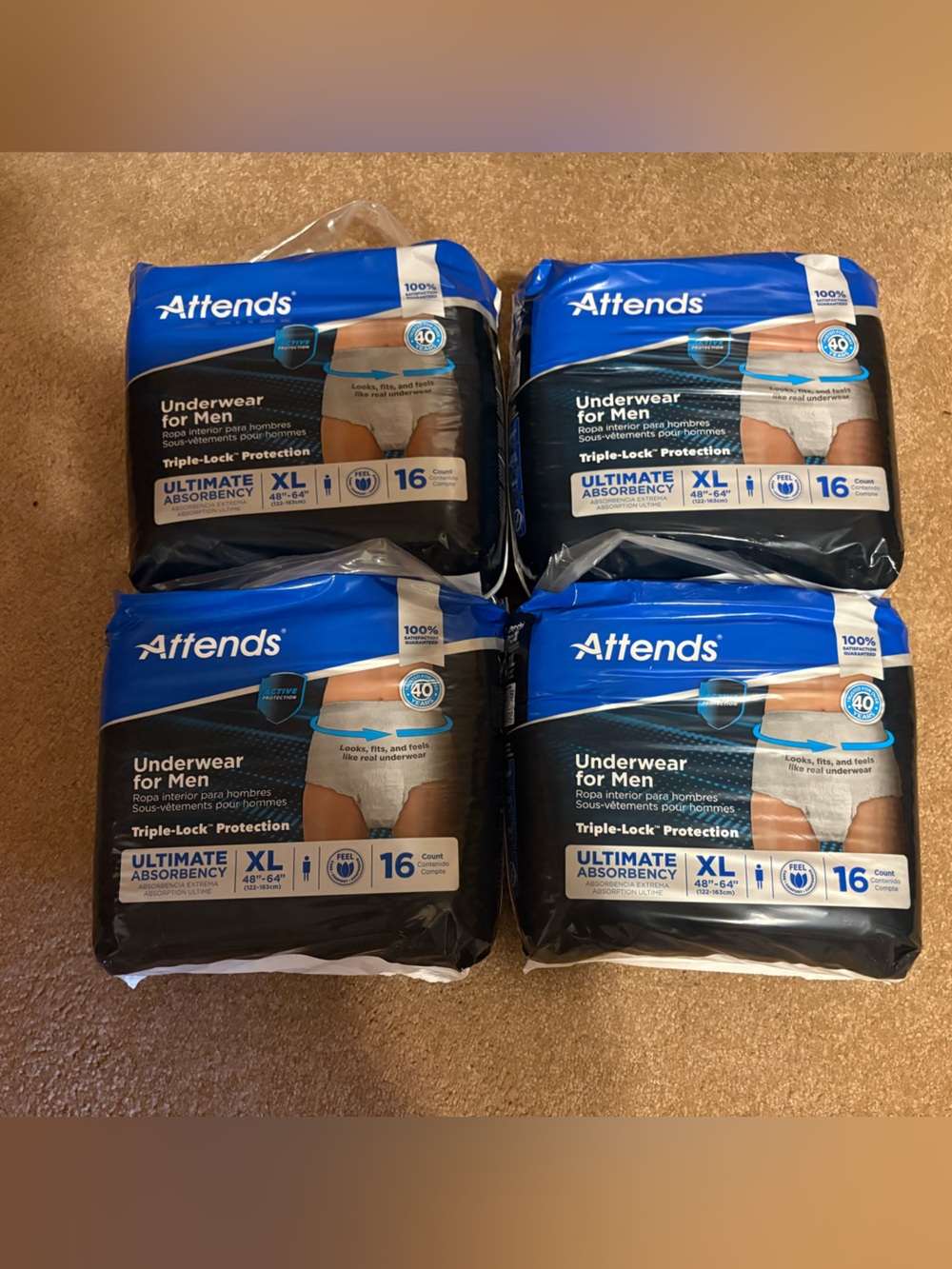 Men’s Underwear XL - Ultimate Absorbency, White (16 ct) pack of 4